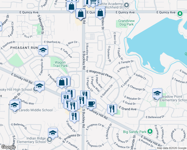 map of restaurants, bars, coffee shops, grocery stores, and more near 4761 South Pagosa Circle in Aurora
