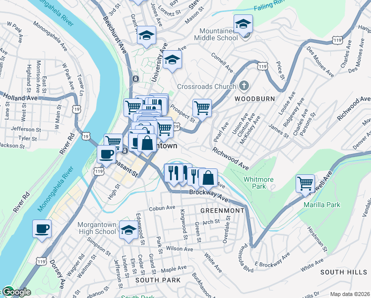 map of restaurants, bars, coffee shops, grocery stores, and more near Forest Avenue in Morgantown