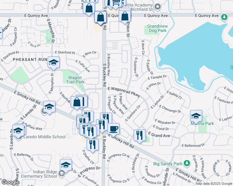 map of restaurants, bars, coffee shops, grocery stores, and more near 4761 South Pagosa Circle in Aurora
