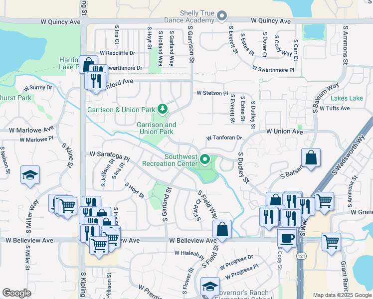 map of restaurants, bars, coffee shops, grocery stores, and more near 4784 South Gar Way in Littleton