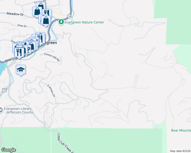 map of restaurants, bars, coffee shops, grocery stores, and more near 4771 South Breakaway Trail in Evergreen