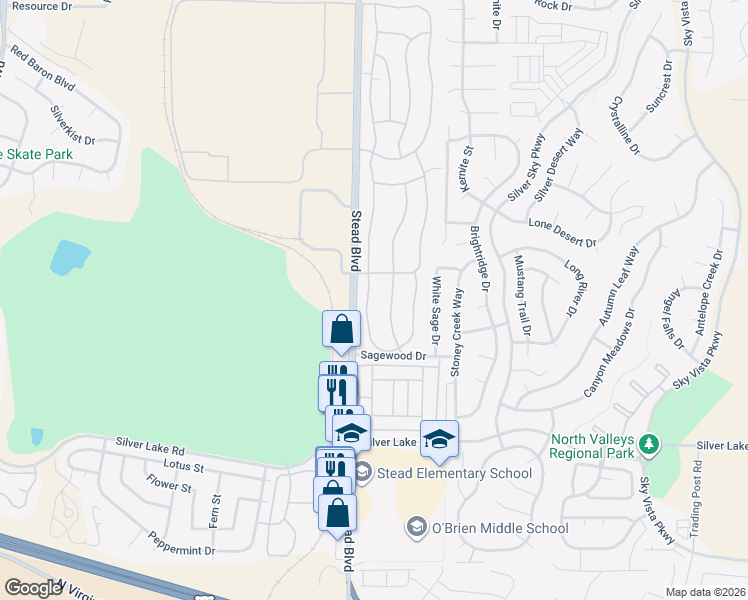 map of restaurants, bars, coffee shops, grocery stores, and more near 11261 Green Mountain Street in Reno