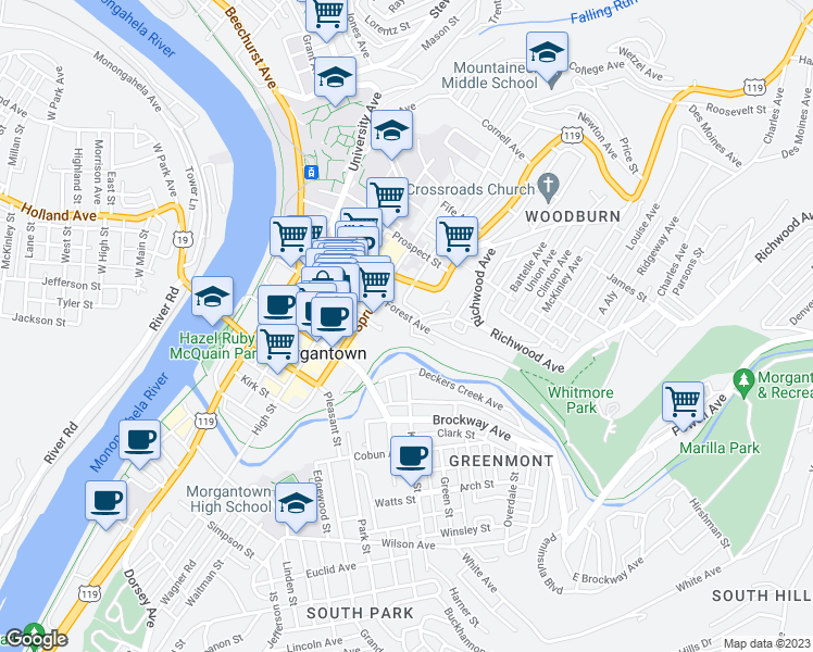 map of restaurants, bars, coffee shops, grocery stores, and more near 350 Spruce Street in Morgantown