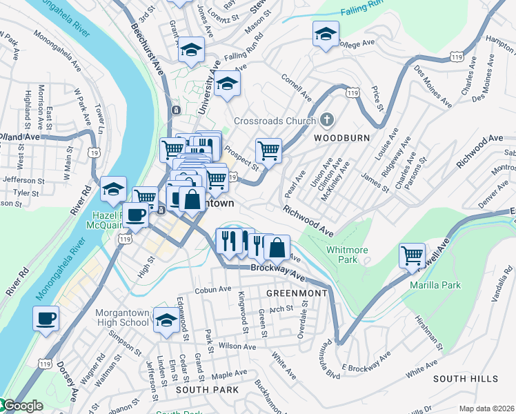 map of restaurants, bars, coffee shops, grocery stores, and more near 474 Dallas Street in Morgantown