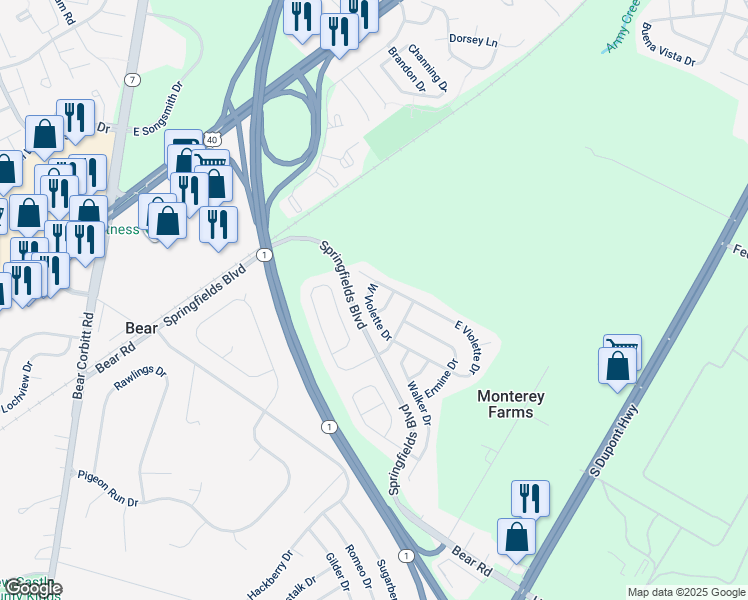 map of restaurants, bars, coffee shops, grocery stores, and more near 17 West Violette Drive in New Castle