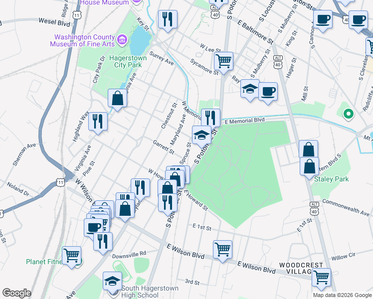 map of restaurants, bars, coffee shops, grocery stores, and more near 719 Spruce Street in Hagerstown