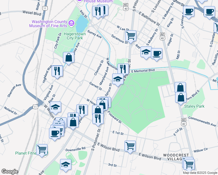 map of restaurants, bars, coffee shops, grocery stores, and more near 719 Spruce Street in Hagerstown