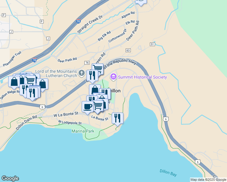 map of restaurants, bars, coffee shops, grocery stores, and more near 355 La Bonte Street in Dillon
