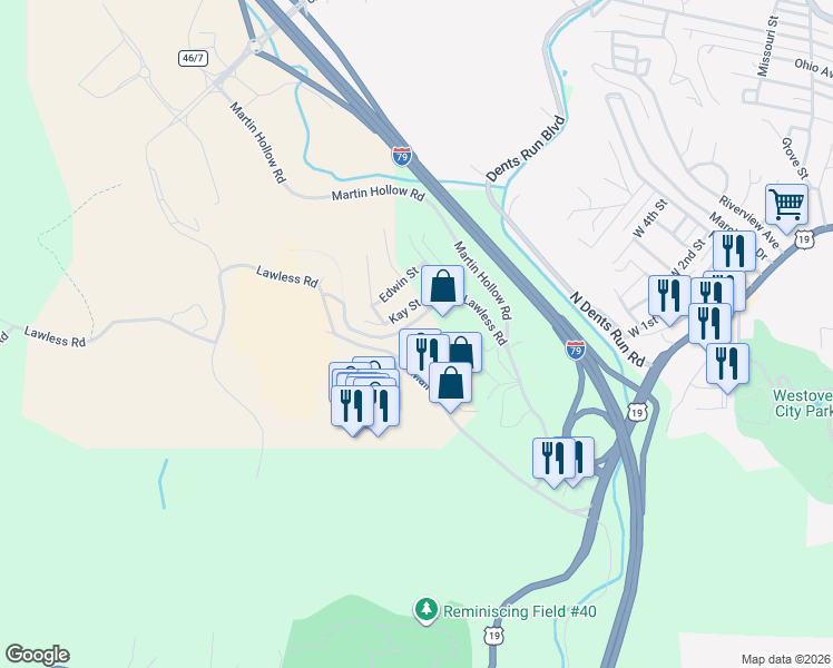map of restaurants, bars, coffee shops, grocery stores, and more near 259 Lawless Road in Morgantown
