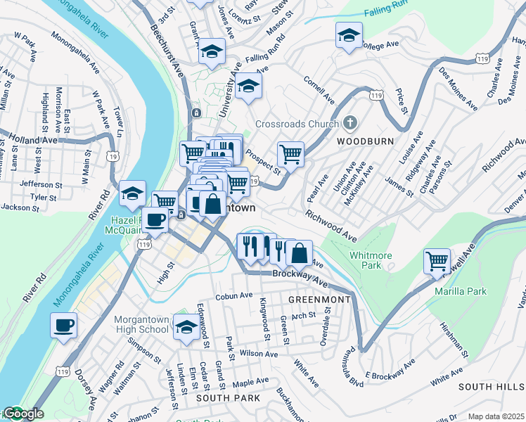 map of restaurants, bars, coffee shops, grocery stores, and more near 445 Baird Street in Morgantown