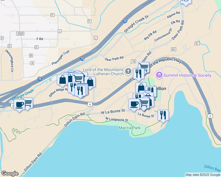 map of restaurants, bars, coffee shops, grocery stores, and more near 5 Lookout Ridge Drive in Dillon
