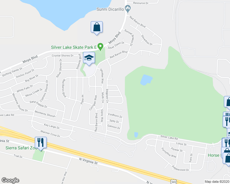 map of restaurants, bars, coffee shops, grocery stores, and more near 7440 Hinton Drive in Reno