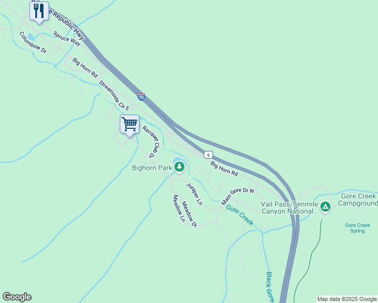 map of restaurants, bars, coffee shops, grocery stores, and more near 5020 Main Gore Place in Vail