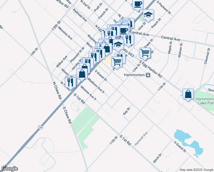 map of restaurants, bars, coffee shops, grocery stores, and more near 114 South Grand Street in Hammonton