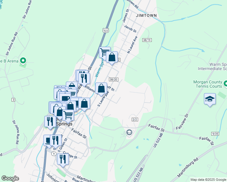 map of restaurants, bars, coffee shops, grocery stores, and more near 306 Goff Street in Berkeley Springs