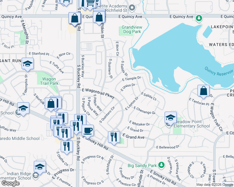 map of restaurants, bars, coffee shops, grocery stores, and more near 17423 East Temple Drive in Aurora