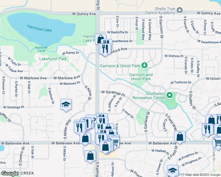 map of restaurants, bars, coffee shops, grocery stores, and more near 4842 South Johnson Street in Littleton
