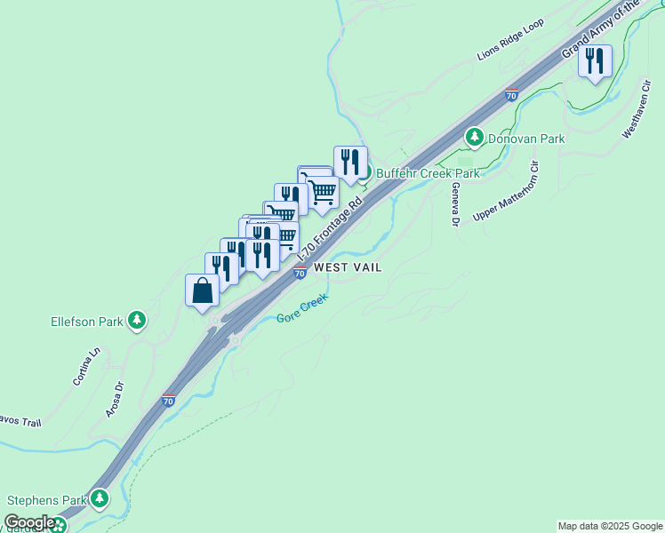 map of restaurants, bars, coffee shops, grocery stores, and more near 2005 West Gore Creek Drive in Vail