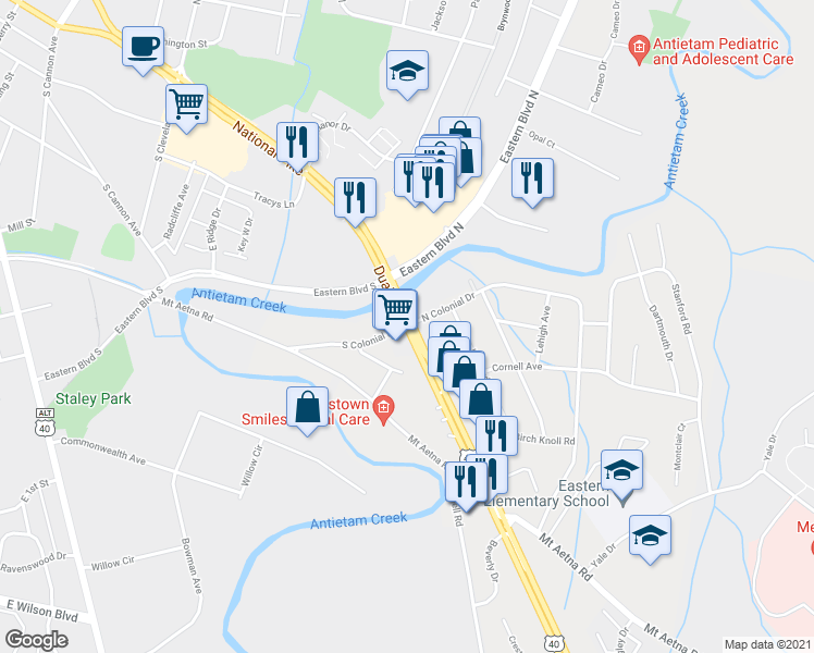map of restaurants, bars, coffee shops, grocery stores, and more near 20541 Woodbridge Drive in Hagerstown
