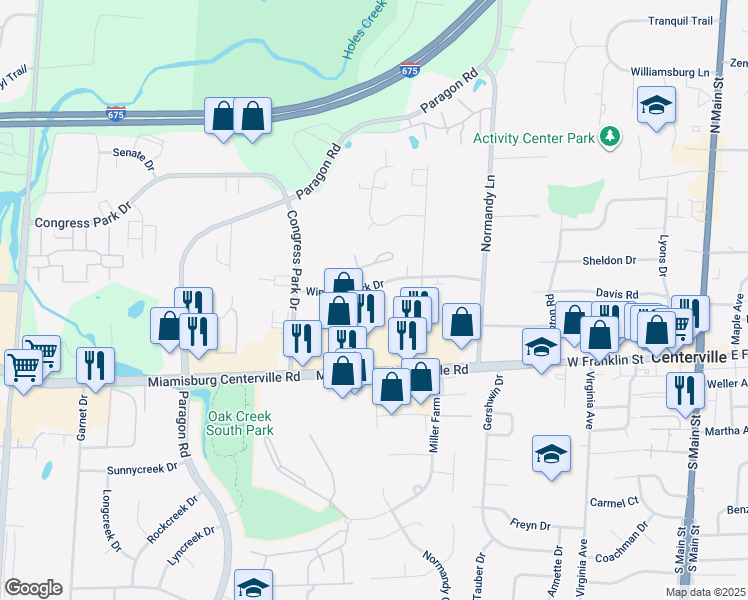 map of restaurants, bars, coffee shops, grocery stores, and more near 412 Windsor Park Drive in Dayton