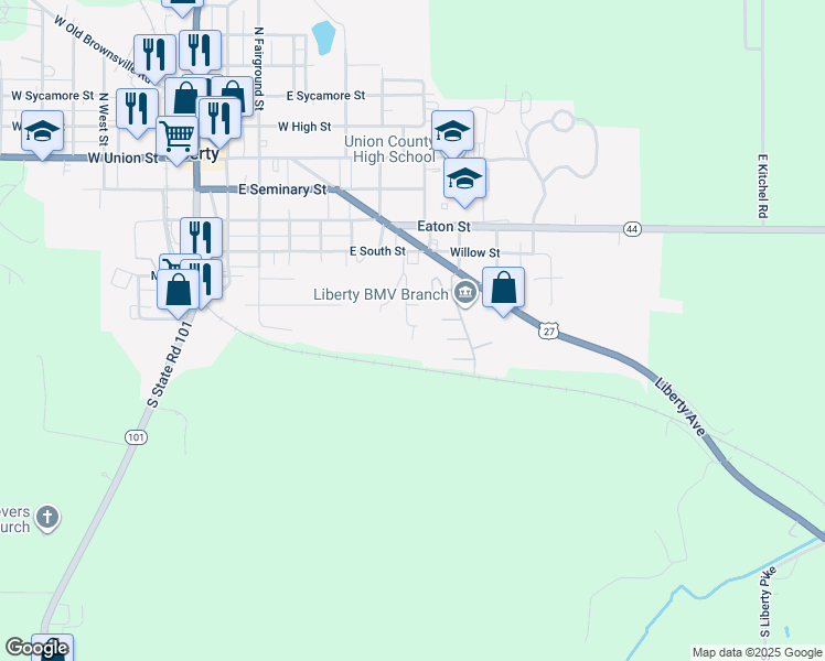 map of restaurants, bars, coffee shops, grocery stores, and more near 300 Meadow Lane in Liberty