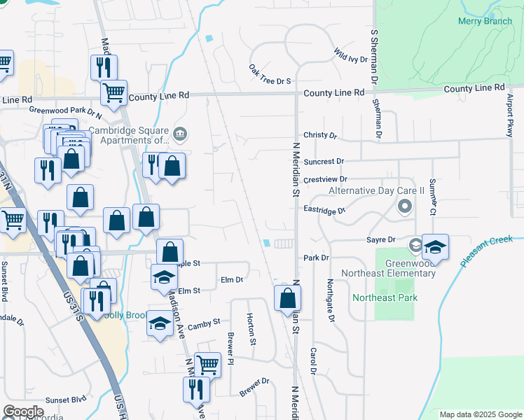 map of restaurants, bars, coffee shops, grocery stores, and more near 952 Greenwood Trail West Drive in Greenwood
