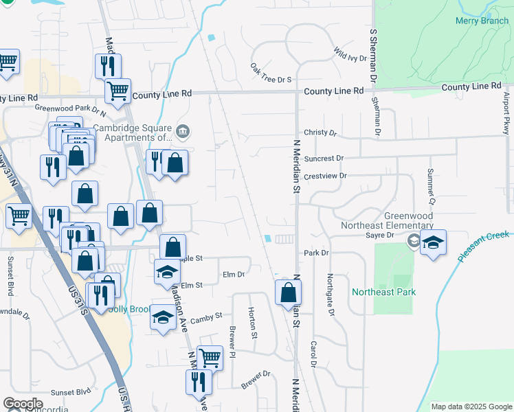 map of restaurants, bars, coffee shops, grocery stores, and more near 952 Greenwood Trail West Drive in Greenwood