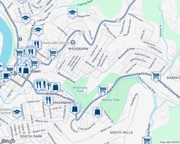 map of restaurants, bars, coffee shops, grocery stores, and more near 721 Richwood Avenue in Morgantown