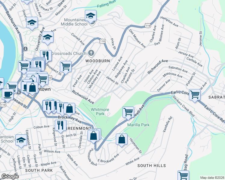 map of restaurants, bars, coffee shops, grocery stores, and more near 706-708 Richwood Avenue in Morgantown