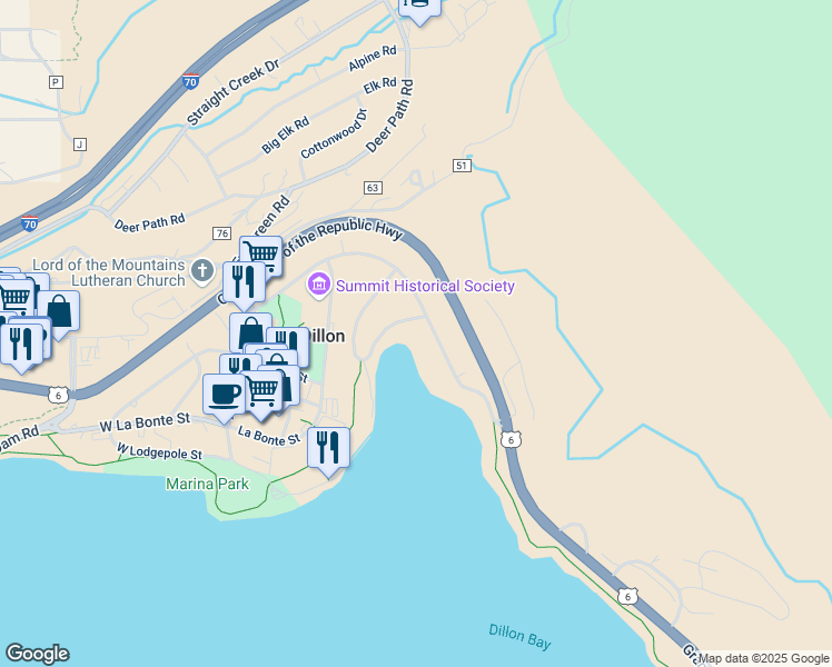 map of restaurants, bars, coffee shops, grocery stores, and more near 460 Tenderfoot Street in Dillon