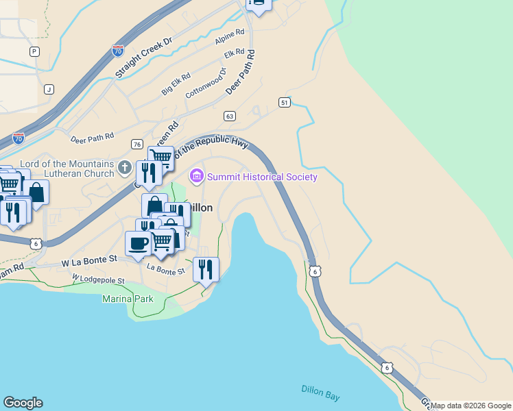 map of restaurants, bars, coffee shops, grocery stores, and more near 460 Tenderfoot Street in Dillon