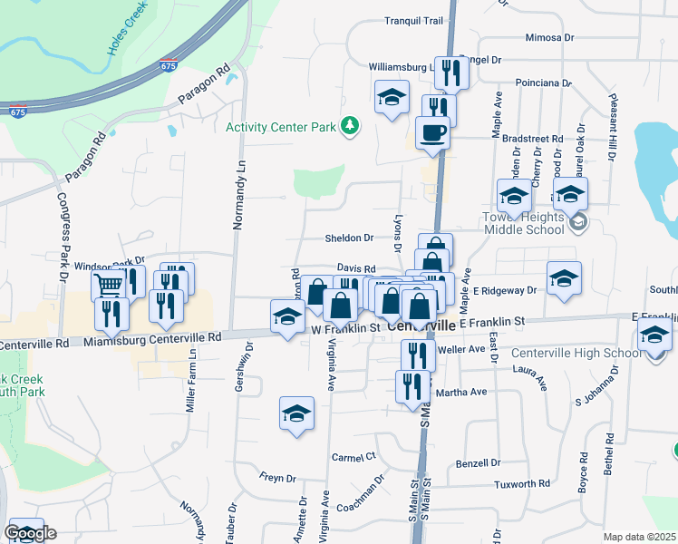 map of restaurants, bars, coffee shops, grocery stores, and more near 116 Davis Road in Dayton
