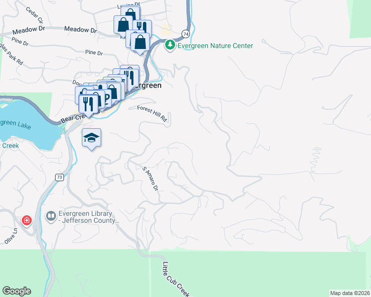 map of restaurants, bars, coffee shops, grocery stores, and more near 27644 Fern Gulch Drive in Evergreen