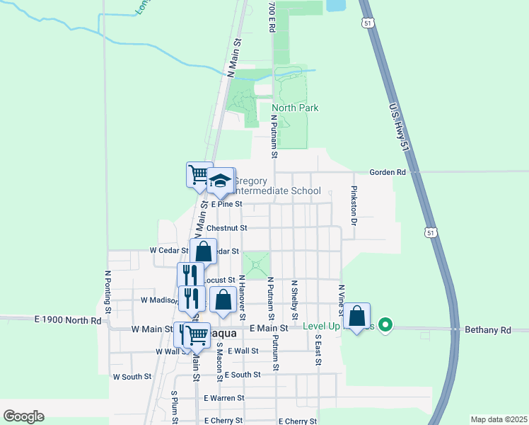 map of restaurants, bars, coffee shops, grocery stores, and more near 301-399 East Chestnut Street in Moweaqua