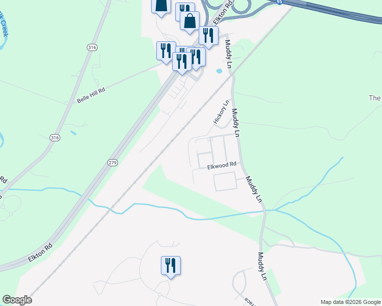 map of restaurants, bars, coffee shops, grocery stores, and more near 80 Hickory Lane in Elkton