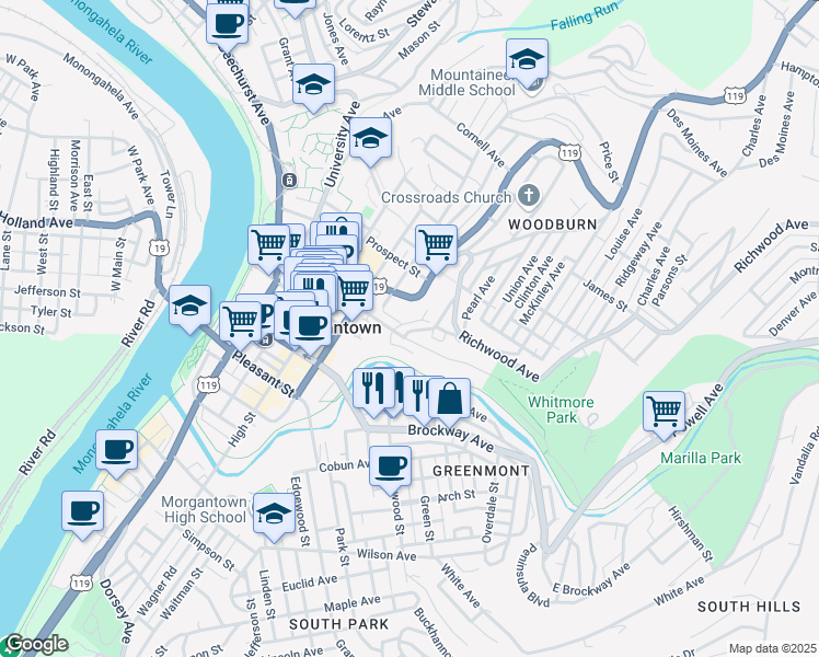 map of restaurants, bars, coffee shops, grocery stores, and more near 461 Dallas Street in Morgantown