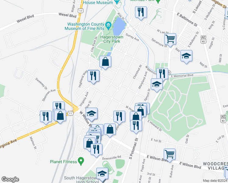 map of restaurants, bars, coffee shops, grocery stores, and more near 709 Guilford Avenue in Hagerstown