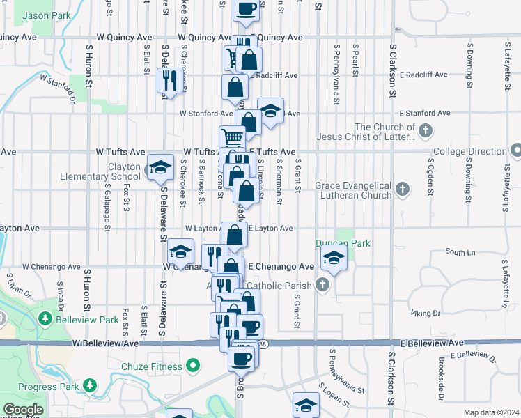map of restaurants, bars, coffee shops, grocery stores, and more near 4750 South Lincoln Street in Englewood