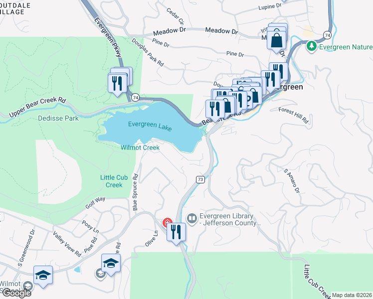 map of restaurants, bars, coffee shops, grocery stores, and more near 4778 Blue Spruce Road in Evergreen