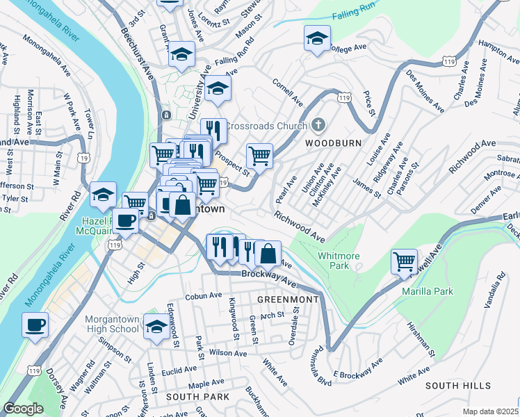 map of restaurants, bars, coffee shops, grocery stores, and more near 455 Pine Street in Morgantown