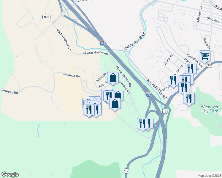 map of restaurants, bars, coffee shops, grocery stores, and more near 259 Lawless Road in Morgantown