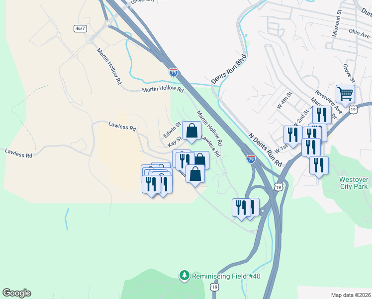 map of restaurants, bars, coffee shops, grocery stores, and more near 259 Lawless Road in Morgantown