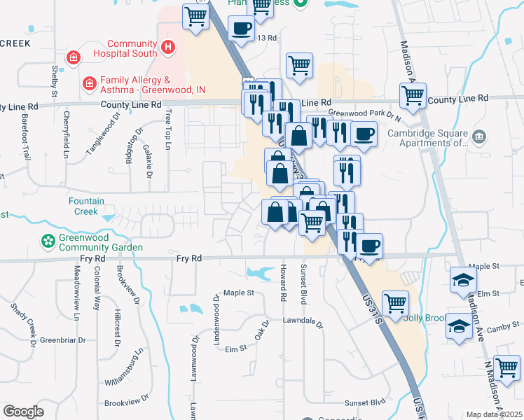map of restaurants, bars, coffee shops, grocery stores, and more near 766 Loews Boulevard in Greenwood