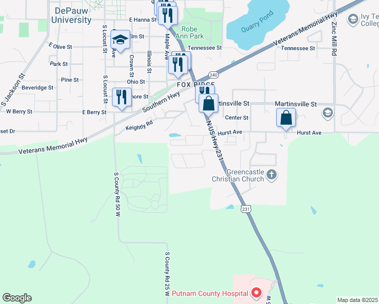 map of restaurants, bars, coffee shops, grocery stores, and more near 59 Kay Drive in Greencastle