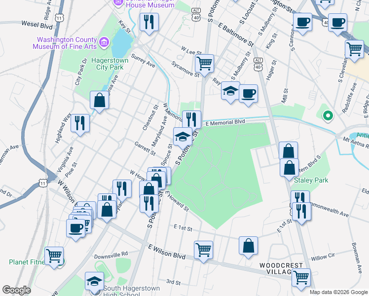 map of restaurants, bars, coffee shops, grocery stores, and more near 703 South Potomac Street in Hagerstown