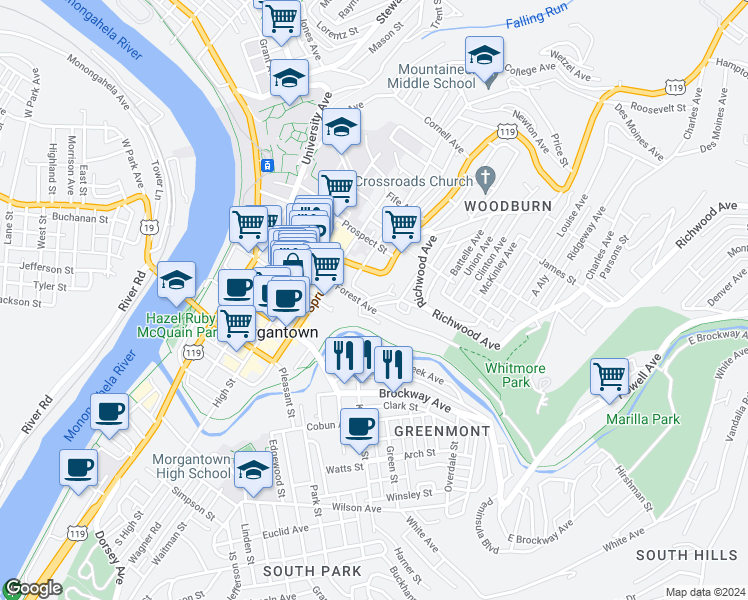 map of restaurants, bars, coffee shops, grocery stores, and more near 459 Dallas Street in Morgantown
