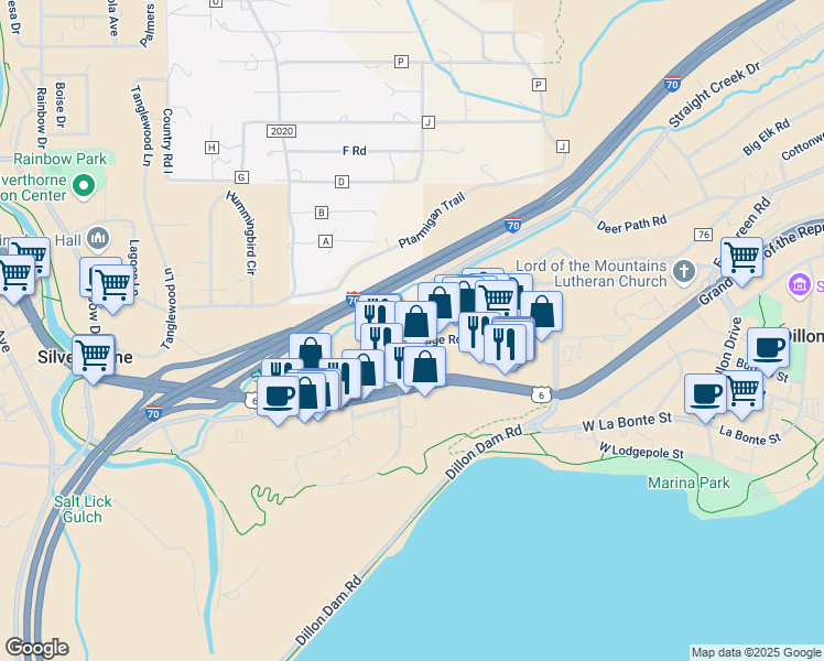 map of restaurants, bars, coffee shops, grocery stores, and more near 269 Dillon Ridge Road in Dillon