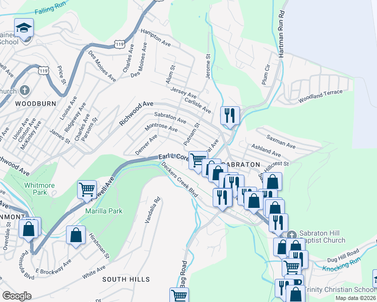 map of restaurants, bars, coffee shops, grocery stores, and more near 1299 Mineral Avenue in Morgantown