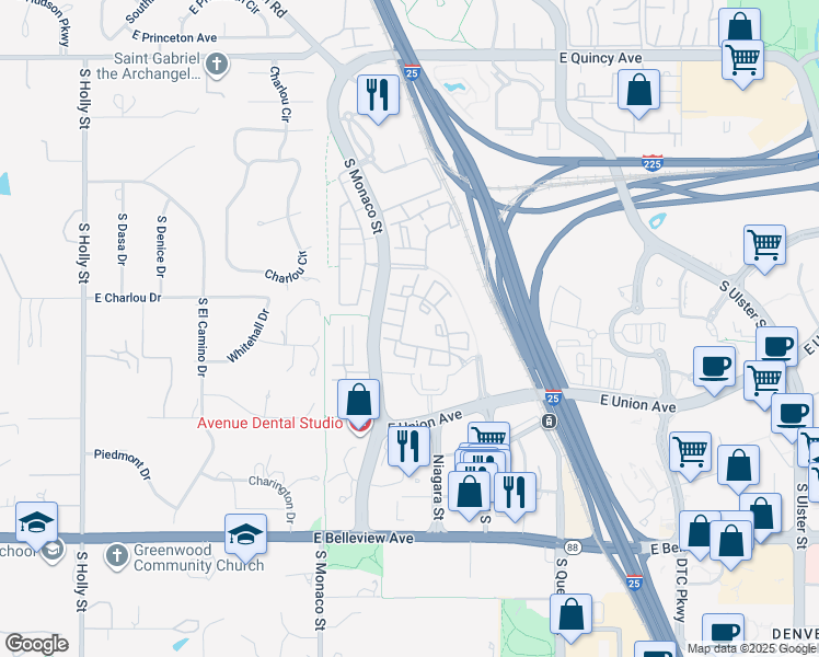 map of restaurants, bars, coffee shops, grocery stores, and more near 4500 South Monaco Street in Denver