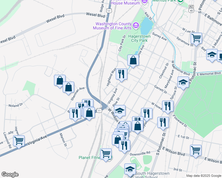 map of restaurants, bars, coffee shops, grocery stores, and more near 823 Virginia Avenue in Hagerstown